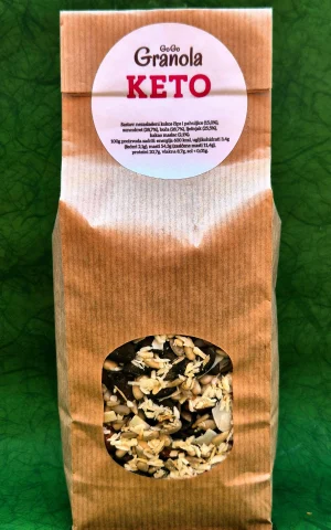 Keto granola sadrži vrlo malo ugljikohidrata. Bazu joj čine nezaslađeni kokos čips i nezaslađene kokosove pahuljice.