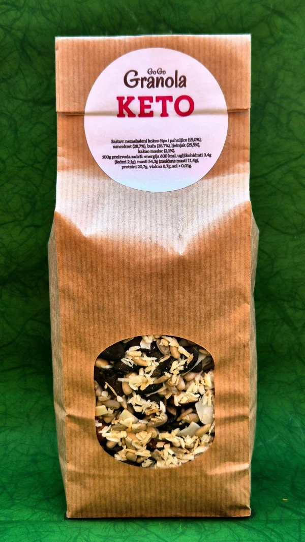 Keto granola sadrži vrlo malo ugljikohidrata. Bazu joj čine nezaslađeni kokos čips i nezaslađene kokosove pahuljice.