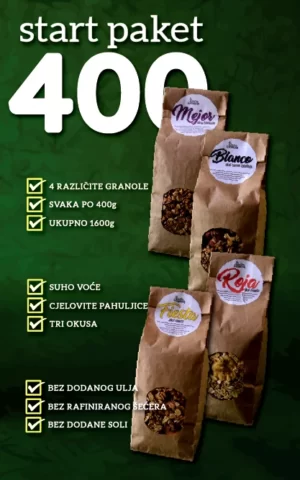 Start paket granola 400 je paket od četiri granole, svaka je po 400g.