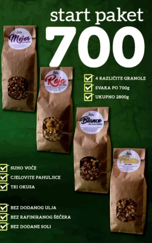 Ovaj Start Paket 700 sastoji se od 4 granole, od kojih je svaka odmjerena po 700 grama. Dobar tek!