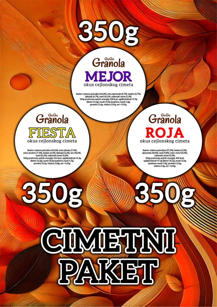 Cimetni paket granola sastoji se od tri različite granole u okusu cejlonskog cimeta.