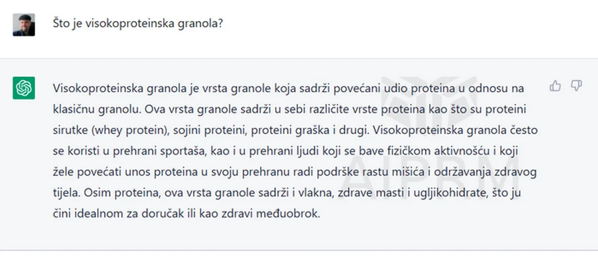 Proteinska granola se često naziva i visokoproteinskom, Fotografija prikazuje kako umjetna inteligencija objašnjava visokoproteinske granole.