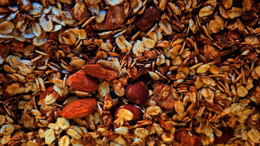 Integralne zobene pahuljice, orašasti plodovi, chia sjemenke, čokolada i med kao sastojci granole.