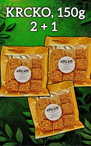 Domaći integralni keks Krcko u ovoj promotivnoj ponudi sastoji se od tri paketića, svaki od 150g.