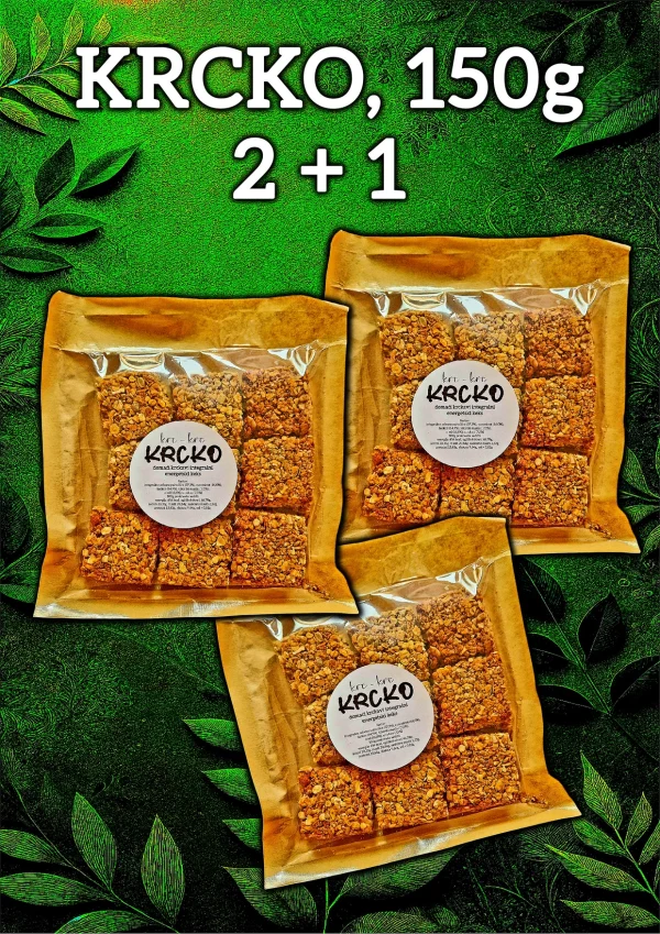 Domaći integralni keks Krcko u ovoj promotivnoj ponudi sastoji se od tri paketića, svaki od 150g.