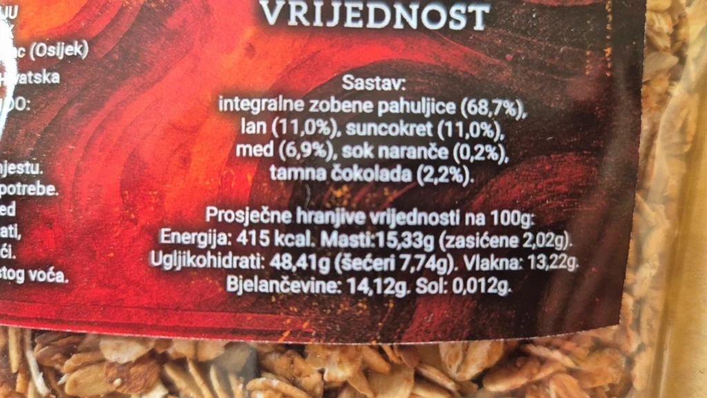 Popis sastojaka i nutritivna deklaracija Go Go Granole bez dodanog šećera.