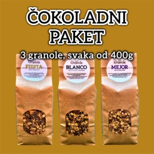 Čokoladni paket domaćih granola za doručak sastoji se od tri granole u okusu čokolade ili tamne čokolade.