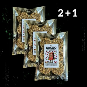 Svaki domaći integralni keks KRCKO (160g) sastoji se od 6 okruglih komada ručno napravljenog keksa bez dodanih ulja, soli i, naravno, bez dodanih šećera.