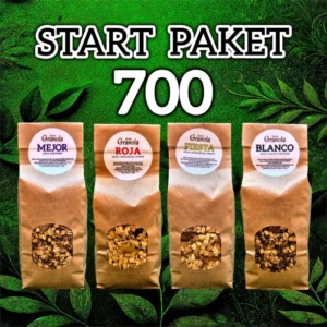 Start paket granola 700 sastoji se od ćetiri granole za doručak, a svaka ima 700g.