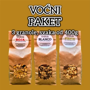 Voćni paket domaćih granola za doručak sastoji se od tri granole sa suhim voćem u recepturama.