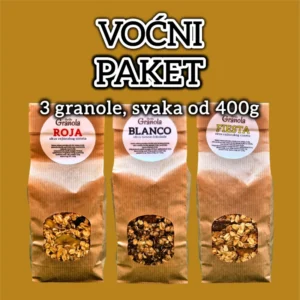 Voćni paket domaćih granola za doručak sastoji se od tri granole sa suhim voćem u recepturama.