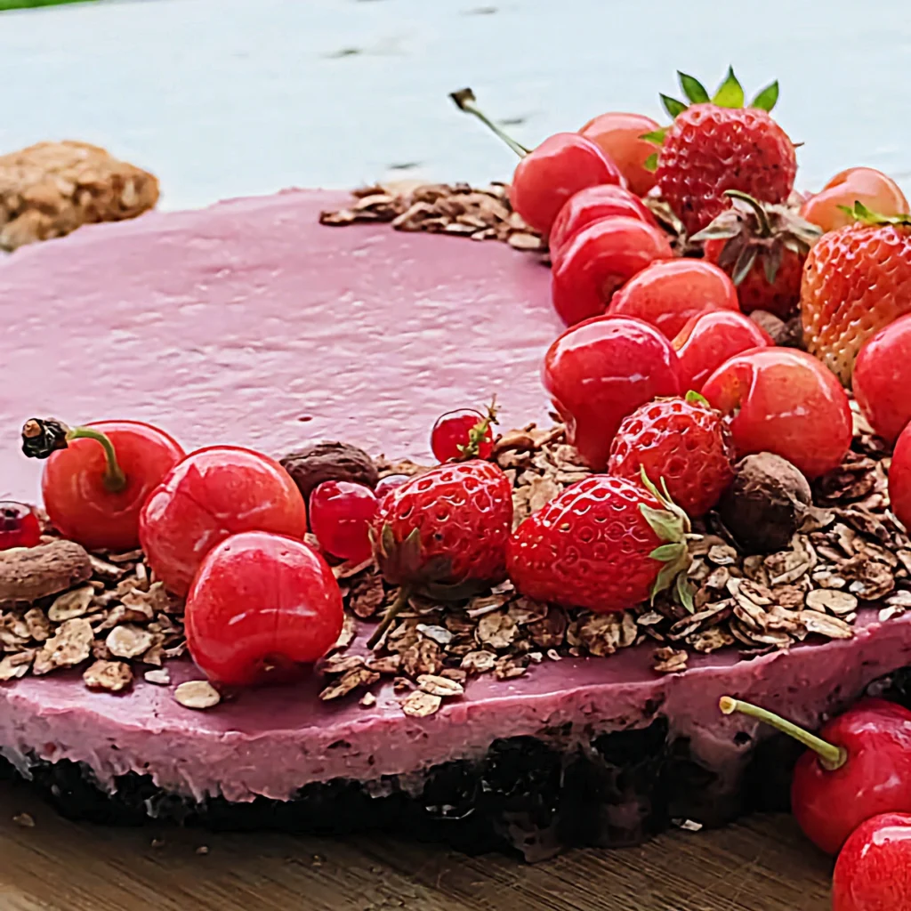 Čokoladna granola u torti s nadjevom od vrhnja, jagoda i trešanja.